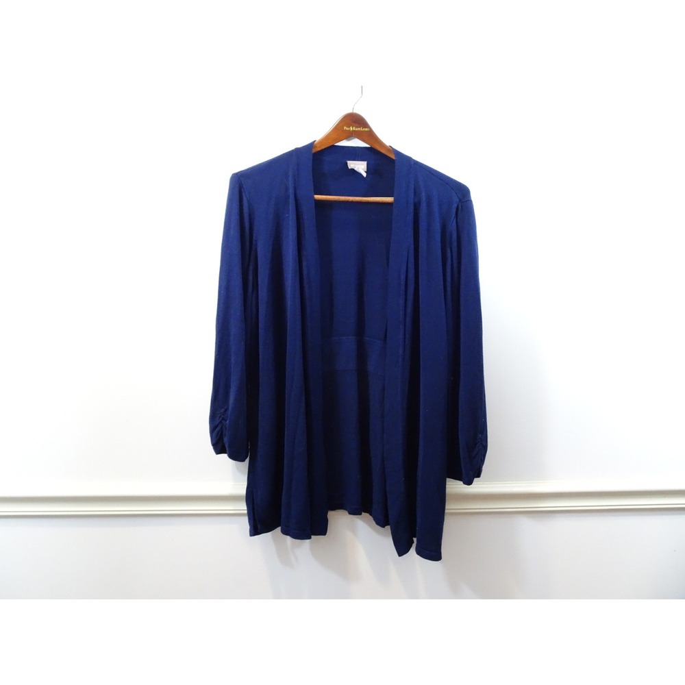 Chicos Navy Blue Open Front Cardigan Rayon Knit Ruched Sleeve Size 4 XL